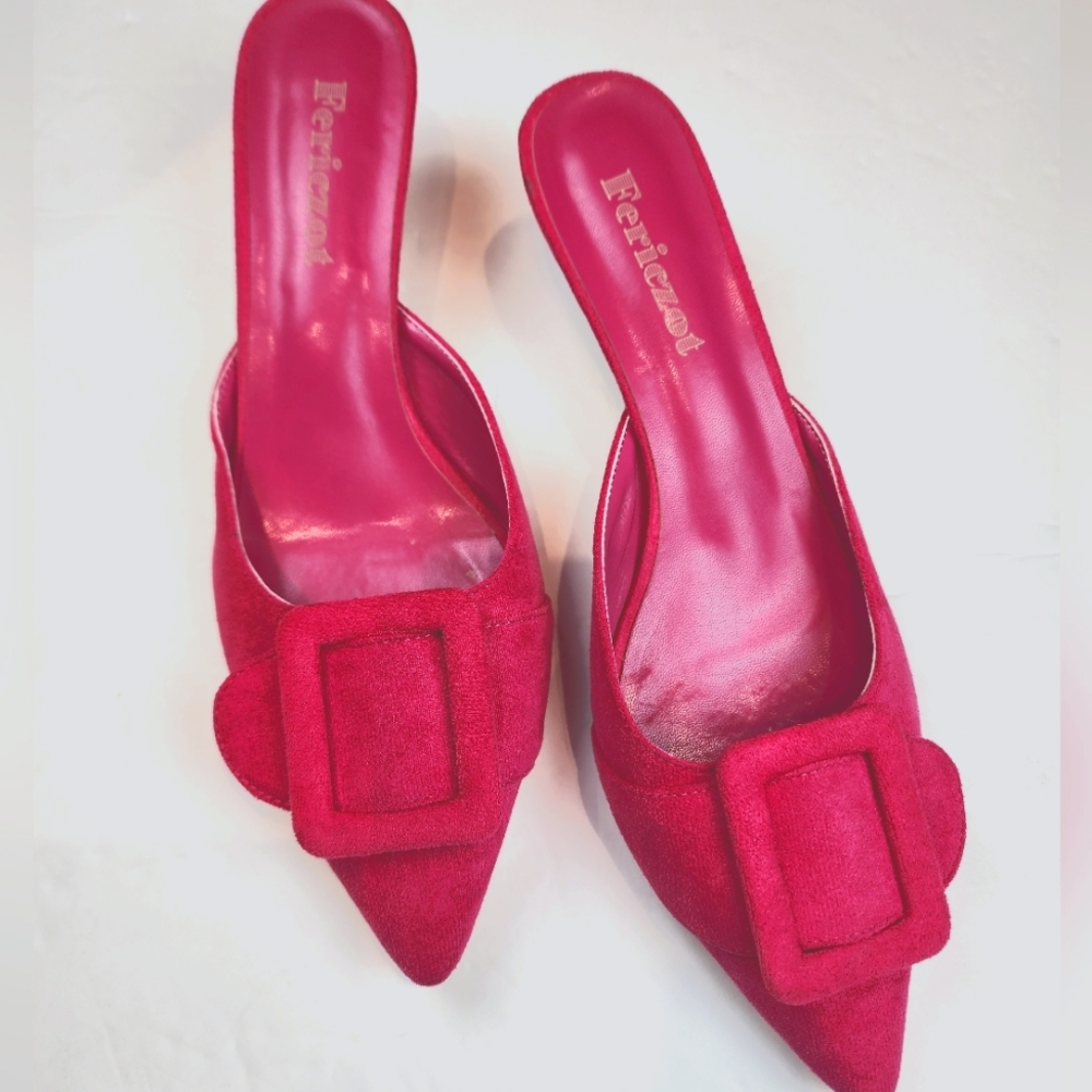 Pink Women's Pointed Toe Suede Mules Buckle Slides Barbiecore Sandals Size 10